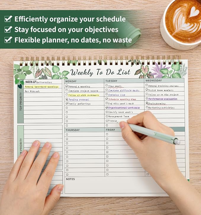 104 Pgs Weekly To Do List Notepad, 52 Duplex-Printed Undated Sheets 100 GSM（8.5"×11") Weekly Desk Planner For Work Home School Office Desk Accessories Supplies & Goal Setting Tasks - Green Foliage
