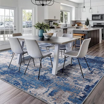 RELEANY Washable Area Rugs Square 9ft Non-Slip Modern Abstract Soft for Living Room Entryway Bedroom Kitchen, Print Pattern, Blue Grey Navy Gray