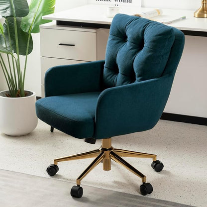 Flannel Office Chair, Comfy Home Office Desk Chairs with Lumbar Support, Modern Velvet Desk Chair Gold Legs Small Swivel Task Chair for Home Office, Bedroom, Study (Blue, L)