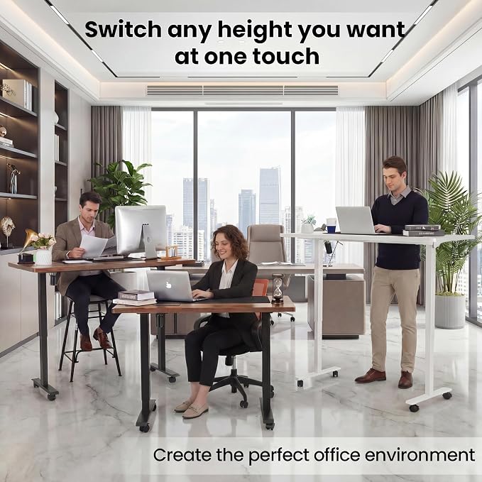 farexon 55 x 24inch Electric Standing Desk Adjustable Height with Power Outlets, Stand up Desk with Wheels,Outlets, Mouse Pad, Preset Heights Home Office Gaming Computer Workstations Table（Brown）