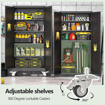 Metal Garage Storage Cabinets and storage system, 71”Tall Rolling utility cabinet with Wheels, Lock, 4 Adjustable Shelves, Heavy Duty Steel Tool Locker for Home Office, Utility Room, Gym,Black