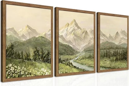 Framed Mountain Wall Art for Living Room, Green Nature Landscape Canvas Wall Decor Set of 3, Vintage Forest Rustic Farmhouse Prints Pictures Paintings for Office Bedroom 12x16 Inch