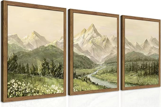 Framed Mountain Wall Art for Living Room, Green Nature Landscape Canvas Wall Decor Set of 3, Vintage Forest Rustic Farmhouse Prints Pictures Paintings for Office Bedroom 12x16 Inch
