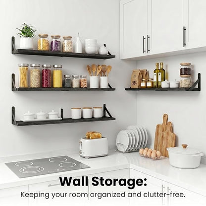 Long Wall Shelf,Large Floating Shelves for Wall,Wood Floating Bookshelves Hanging,Book Storage Display for Living Room Bedroom Office Bathroom Decor,4 Pack,36 Inch,Rustic Black