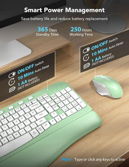 SABLUTE Wireless Keyboard and Mouse Combo, Ergonomic Wave Keys, Cushioned Plam Rest, Comfortable Silent Natural Typing, 2.4G Lag-Free, MA12 Full Size Keyboards Set for Multi-OS, Windows/Mac, Green