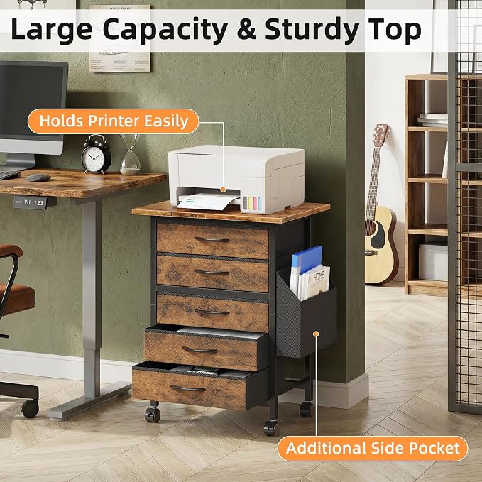 HIGDBFE 5 Fabric Drawers File Cabinet with Side Pocket, Rolling Printer Stand with Storage for Home Office, Wood Top Storage Cabinet Office Storage for Documents and Crafts, Rustic Brown, 15" D