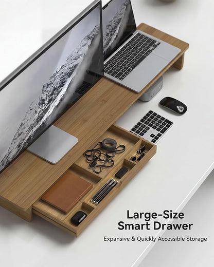 42” Monitor Stand with Large Drawer Keyboard Storage,Dark Bamboo | dual Computer monitor riser shelf for 55-72 inch desk aesthetic workplace computer setup desktop organizer easy assembly