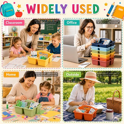 6 Pack 3 Compartment Small Caddy Plastic Classroom Organizer with Handle Portable Teacher Supply Storage Caddy Craft Art Caddies for Pencil, Crayon, Marker, Home, Office, School Supplies(Boho Earthy)