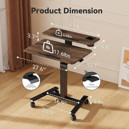 28 inch Mobile Standing Desk On Wheels， Small Computer Workstation Adjustable Height，Rolling Laptop Stand with Tiltable Desktop， 2-Tier Portable Study Table with Storage Shelf， Walnut