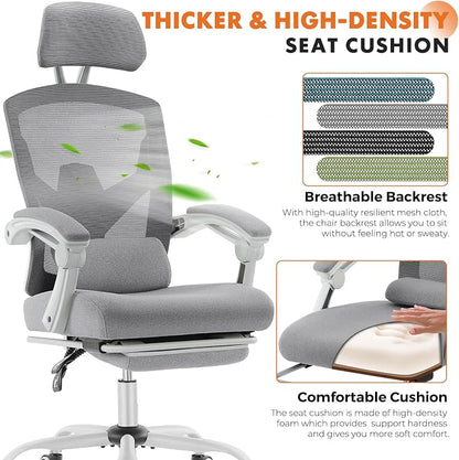 Sweetcrispy Office Computer Desk Chair with Footrest,Ergonomic High-Back Mesh Rolling Work Swivel Chairs with Wheels,Comfortable Lumbar Support,Comfy Arms for Home,Bedroom,Study,Student,Light Grey