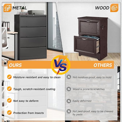 Bestoo 4 Drawer Lateral File Cabinet with Lock Heavy Duty Large Metal Filing Cabinet Home Office Cabinets Wide Steel Cabinets for Legal/Letter Size,Assembly Required Black