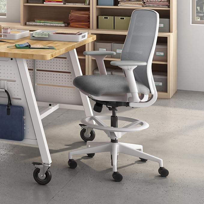 HON Nucleus Task Stool, Ergonomic Office Chair, Home Office Desk Chairs, Synchro-Tilt with Seat Slider, Adjustable Footring, Height-Width Adjustable Arms, Fog Mesh, White Frame, Aspen