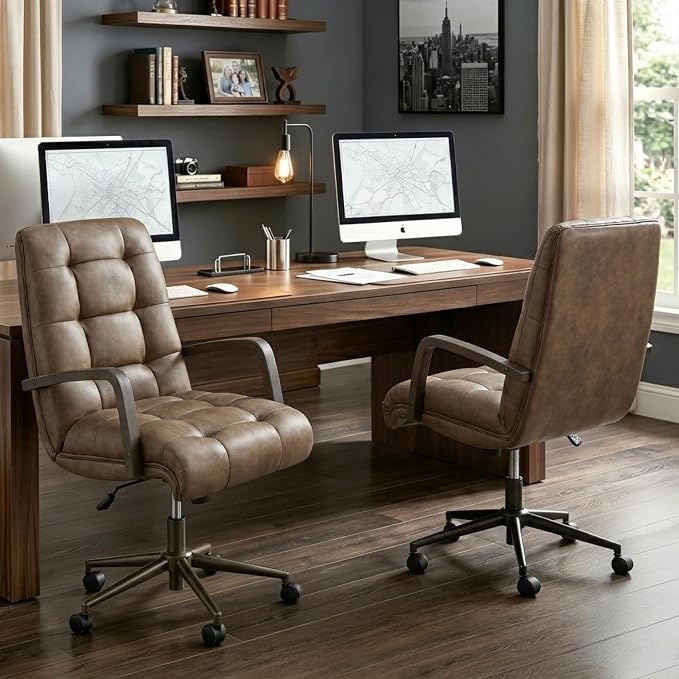 KISLOT Home Office Desk Chair, Ergonomic Office Chair with Square-Patterned Leather Upholstery, Adjustable Swivel Computer Chair with Wood Arms & Wheels, Soft-Rounded Front Edge, Brown