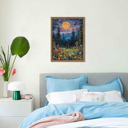 Framed Nature Forest Canvas Wall Art, Full Moon above Wildflowers and Woodland Painting, Midnight Floral Trees Art Print, Farmhouse Nature Wall Decor for Bedroom Living Room 16x24 inch