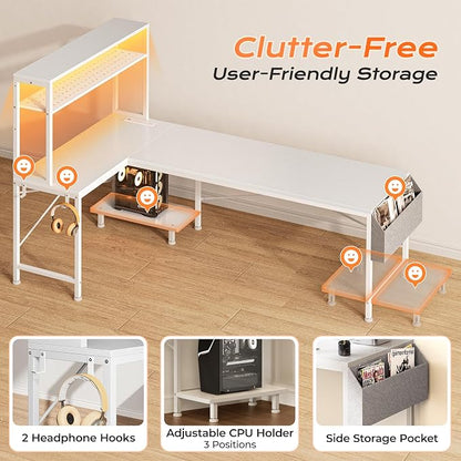 PRAISUN L Shaped Gaming Desk with LED Lights & Power Outlets, Reversible Computer Desk with Storage Shelves & Bag, Large Corner Home Office Desk with Pegboard for Work from Home, White