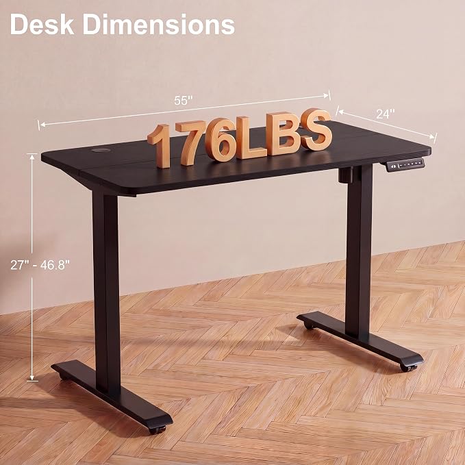 Electric Standing Desk with Power Outlets and USB-C Port, 55 x 24 Inches Adjustable Height Sit Stand Up Desk for Home Office, Adjustable Desk with Memory Preset and Wheels, Black