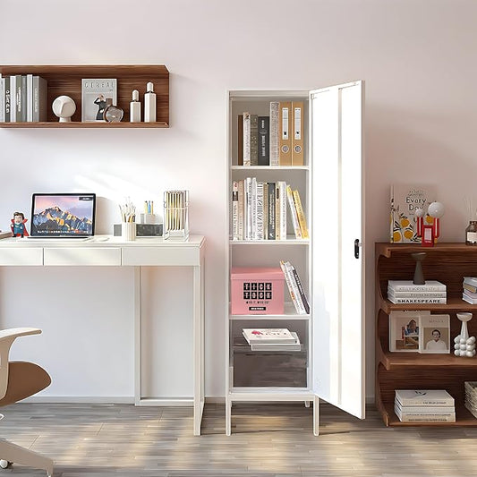 Metal Storage Cabinet 59" H Locker Storage Cabinet with Door and Adjustable Shelves for Home Office School Gym Garage Pantry (White)