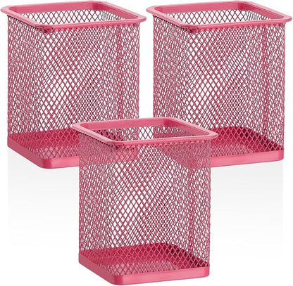 Segarty Pen Cup Holder, 3 Pack Square Dark Pink Pen Holder for Desk, Cute Mesh Pencil Cups Container Set for Office Supply, School Classroom, Home Desktop Storgae and Organization, Brushes Organizer