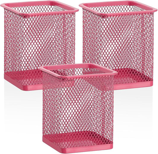 Segarty Pen Cup Holder, 3 Pack Square Dark Pink Pen Holder for Desk, Cute Mesh Pencil Cups Container Set for Office Supply, School Classroom, Home Desktop Storgae and Organization, Brushes Organizer