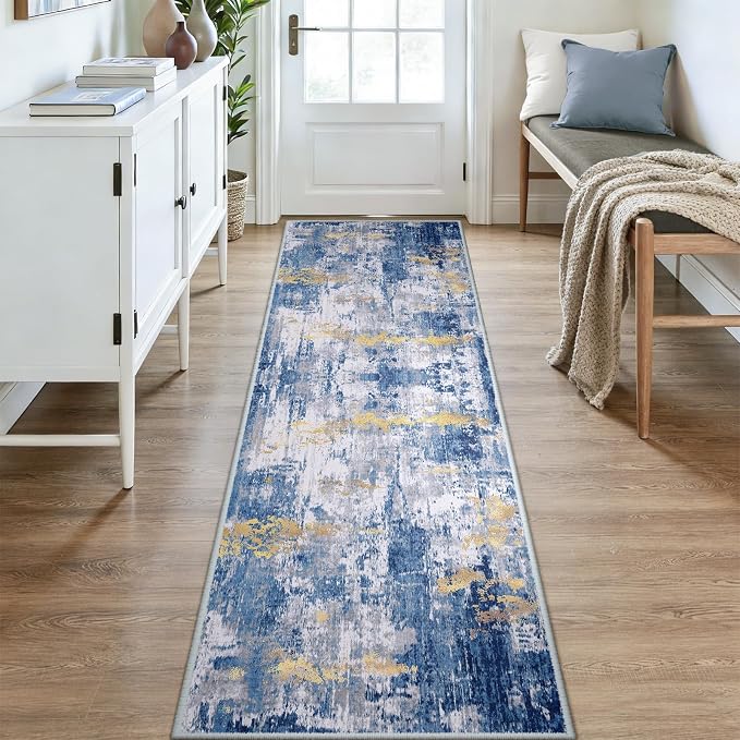RELEANY Washable Area Rugs 3x9 Non-Slip Modern Abstract Soft for Living Room Entryway Bedroom Kitchen, Print Pattern, Grey Blue Gold/Golden