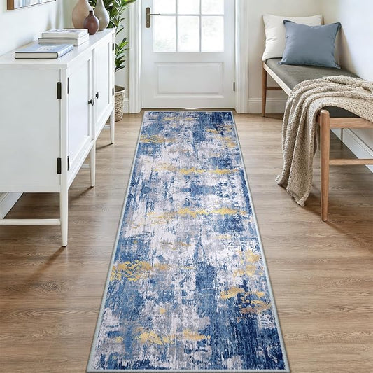 RELEANY Washable Area Rugs 3x9 Non-Slip Modern Abstract Soft for Living Room Entryway Bedroom Kitchen, Print Pattern, Grey Blue Gold/Golden