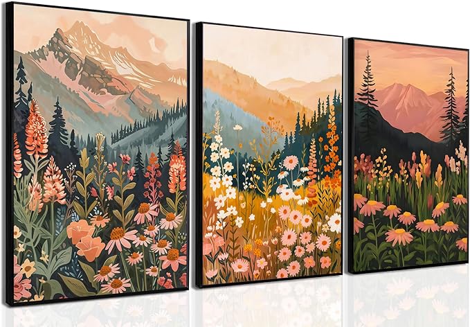 Boho Colorful Watercolor Mountain Posters Wall Art Set of 3 Wildflower Canvas Wall Decor Abstract Nature Landscape Artwork Paintings Picture Print for Living Room Bedroom Office 12x16 In Unframed