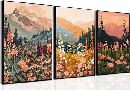 Boho Colorful Watercolor Mountain Posters Wall Art Set of 3 Wildflower Canvas Wall Decor Abstract Nature Landscape Artwork Paintings Picture Print for Living Room Bedroom Office 12x16 In Unframed