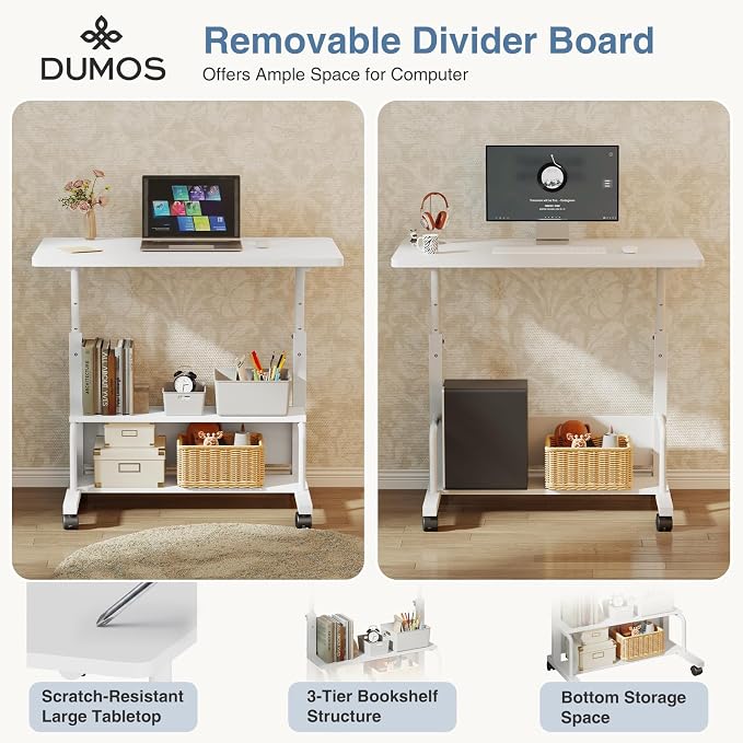 DUMOS 31.5" Mobile Rolling Desk with 2-Tier Storage Shelves, Height Adjustable Computer Desks on Wheels, Portable Rolling Laptop Table for Small Spaces & Home Office White