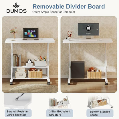 DUMOS 31.5" Mobile Rolling Desk with 2-Tier Storage Shelves, Height Adjustable Computer Desks on Wheels, Portable Rolling Laptop Table for Small Spaces & Home Office White