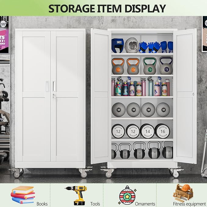 Metal Garage Storage Cabinets and storage system, 74”Tall Rolling utility cabinet with Wheels, Lock, 5 Adjustable Shelves, Heavy Duty Steel Tool Locker for Home Office, Utility Room, Gym,White