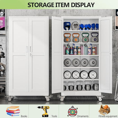 Metal Garage Storage Cabinets and storage system, 74”Tall Rolling utility cabinet with Wheels, Lock, 5 Adjustable Shelves, Heavy Duty Steel Tool Locker for Home Office, Utility Room, Gym,White
