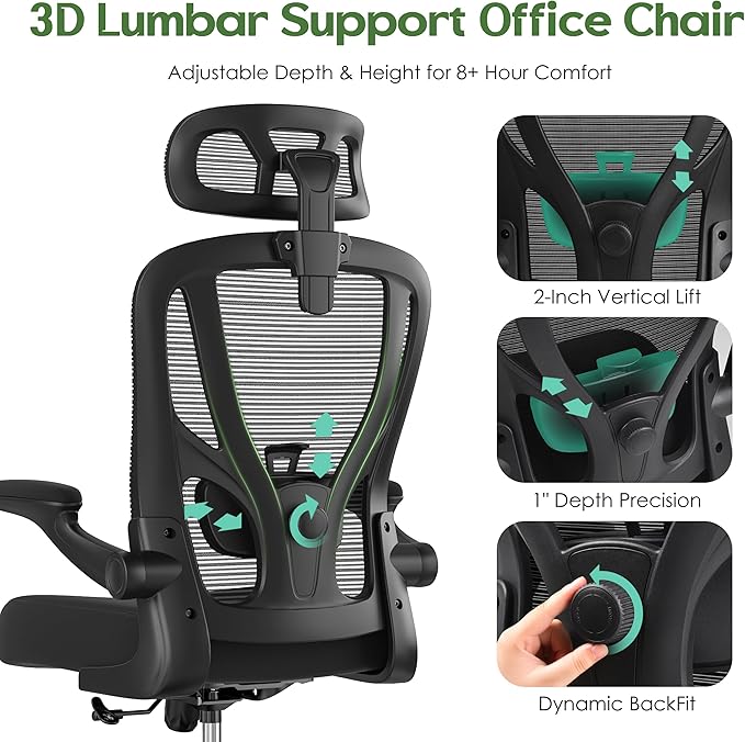 Office Chair Ergonomic Desk Chair - Mesh High Back Office Chair with Headrests Wheels Lumbar Support Home Desk Office Chairs Flip up Armrest Executive Rolling Computer Chair Black 8 Pack