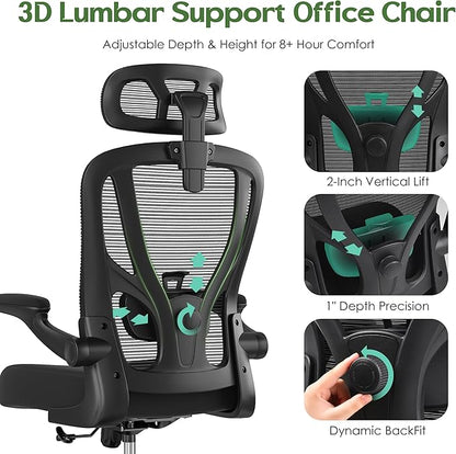 Office Chair Ergonomic Desk Chair - Mesh High Back Office Chair with Headrests Wheels Lumbar Support Home Desk Office Chairs Flip up Armrest Executive Rolling Computer Chair Black 8 Pack