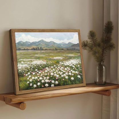 Framed Farmhouse Landscape Wall Art, Modern Country Flower Wall Decor, Vintage Wildflowers Mountain Canvas, Farm House Nature Pictures Print Artwork for Bedroom Living Room – 12x16 inch