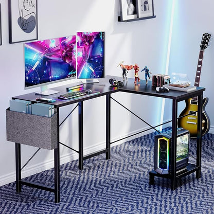 Sweetcrispy L Shaped Desk - Computer Gaming Desk Corner Desk | PC Table Organizer with CPU Stand Side Bag for Home Office Dorm Sturdy, Writing Workstation, Black, 50-Inch