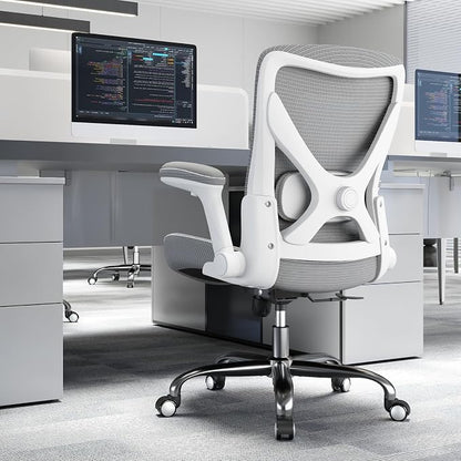Ergalithic Office Home Ergonomic Desk Chair-Computer X-Shaped Chair Mesh PU Leather with Adjustable Lumbar Support-Executive Chair High Back Flip-Up Arms for Long Hours (White-Grey-No Headrest)