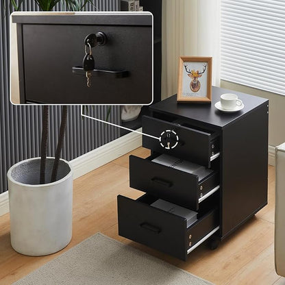 OFCASA 3 Drawer File Cabinet with Lock, Small Rolling Filing Cabinets for Home Office, Wooden Under Desk File Cabinet with Wheels, Mobile Storage Cabinet Printer Stand, for Letter/Legal/A4 Size, Black