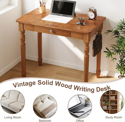 Vintage Solid Wood Writing Desk - 31.5" Mid Century Modern Desk with Drawer, Small Wooden Computer Desks for Home Office, Secretary Desks, Traditional Vanity Dressing Table for Bedroom, Walnut