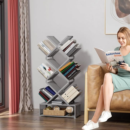 Gintan 9-Tier Modern Book Shelves with Storage, Bedroom Shelves Folding Bookshelves, No Installation Required Shelf Tree Bookcase for Living Room, Study, Home Office, Bed Room (Grey)