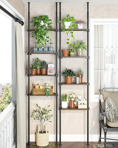 ALLZONE Adjustable Tall Narrow Bookshelf, 4-Tier Floor-to-Ceiling Tension Mount Ladder Book Shelf with Storage for Versatile Uses, Fits 64-113 Inch Ceilings, 20.28-Inch Wide Wood Shelves, Rustic Brown