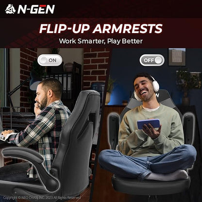 N-GEN Video Gaming Chair Ergonomic Computer Desk Office Chair with Lumbar Support Adjustable Height Swivel Wheels Flip-Up Arms PU Leather Home and Office (Grey)