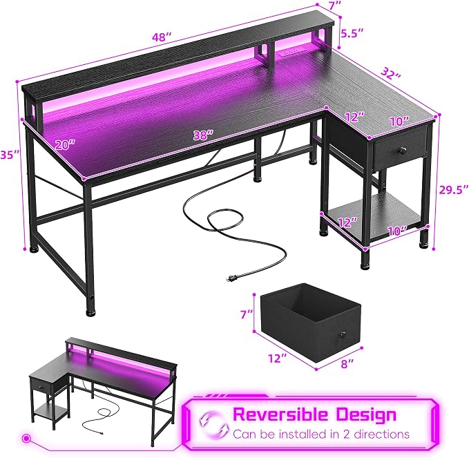 DurayLoly 48" L- Shaped Gaming Desk with LED Lights & Power Outlet,Gaming Desk with Monitor Stand for Gamer,Home Office Desk with Drawer for Student Study Room,Bedroom,Small Working Room,Black