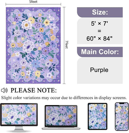 DUKINO 5x7 Area Rug, Floral Rugs for Living Room, Lightweight Non Slip Washable Rug, Indoor Low Pile & Non-Shedding Boho Design Rugs for Bedroom, Playroom, Dining Room, Purple