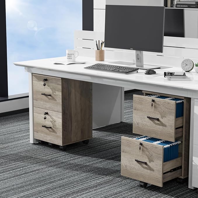 VINGLI 2 Drawer File Cabinet with Lock, Wood Rustic Gray Filing Cabinet for Letter Size File Folders with Tabs, Under Desk Rolling File Cabinets for Home Office, Mobile File Organization Printer Stand