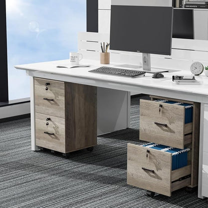 VINGLI 2 Drawer File Cabinet with Lock, Wood Rustic Gray Filing Cabinet for Letter Size File Folders with Tabs, Under Desk Rolling File Cabinets for Home Office, Mobile File Organization Printer Stand
