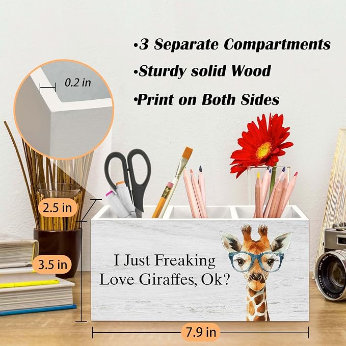 Giraffe Gifts Pen Holder for Desk, Funny Cute Wild Animal Pencil Organizer, Giraffe Gifts for Women, I Just Freaking Love Giraffes Wooden Pen Holder Desk Accessories Decor for Home Office