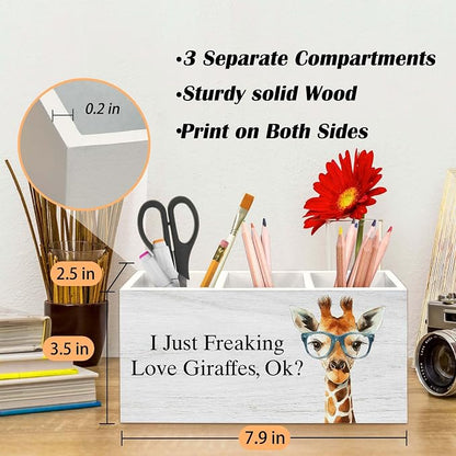 Giraffe Gifts Pen Holder for Desk, Funny Cute Wild Animal Pencil Organizer, Giraffe Gifts for Women, I Just Freaking Love Giraffes Wooden Pen Holder Desk Accessories Decor for Home Office