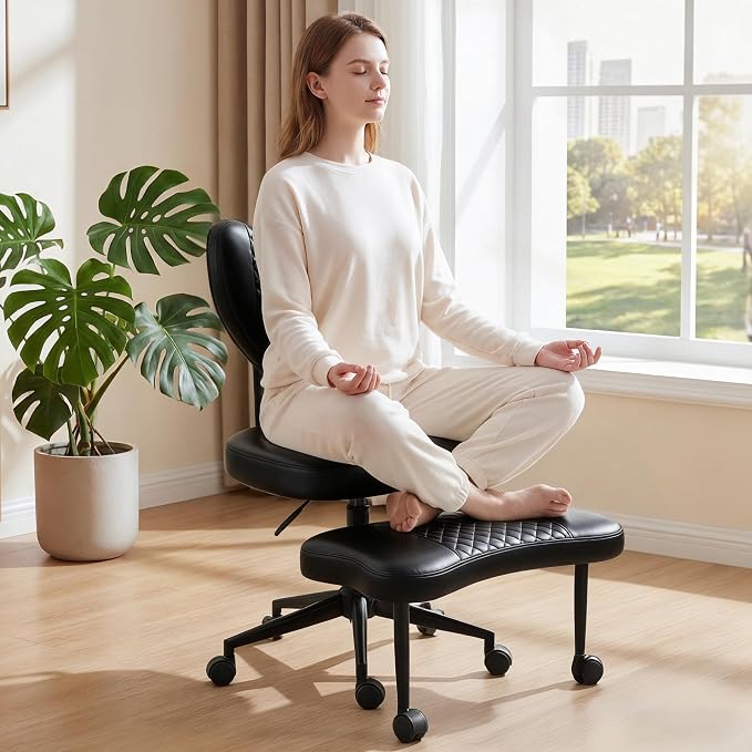 Cross Legged Office Chair with Wheels, 360 Swivel Height-Adjustable Meditation Chair with Lumbar Support, PU Leather, Black