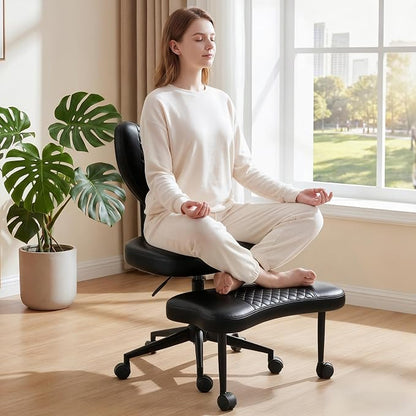 Cross Legged Office Chair with Wheels, 360 Swivel Height-Adjustable Meditation Chair with Lumbar Support, PU Leather, Black