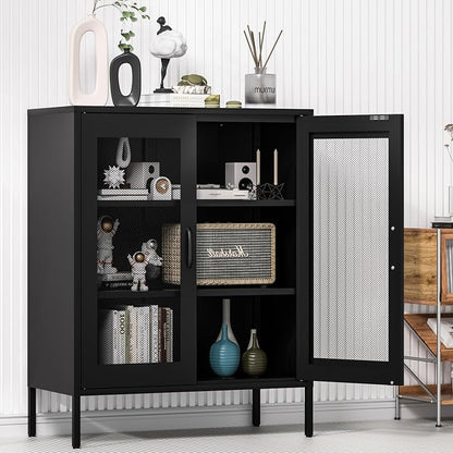 Washsemba Metal Storage Cabinet with Mesh Doors and Shelves,Multipurpose Storage Rack, 3-Tier Office Cabinet,Metal Locker Style Accent for Home Office,Living Room,Kitchen (Black-mesh, 40''H)
